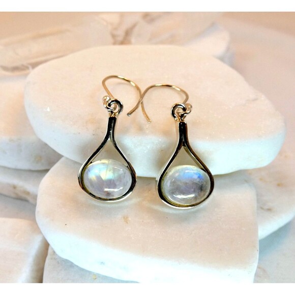 Sterling Silver & AAA Rainbow Moonstone Earrings Modernist Glowing - Picture 3 of 8